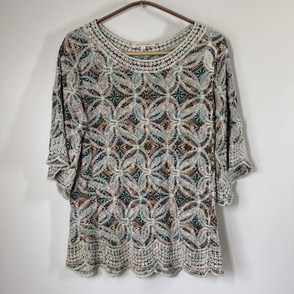 Solitaire Anthropologie Top L Peasant Floral Embroidered Bell Sleeve Boho Boxy